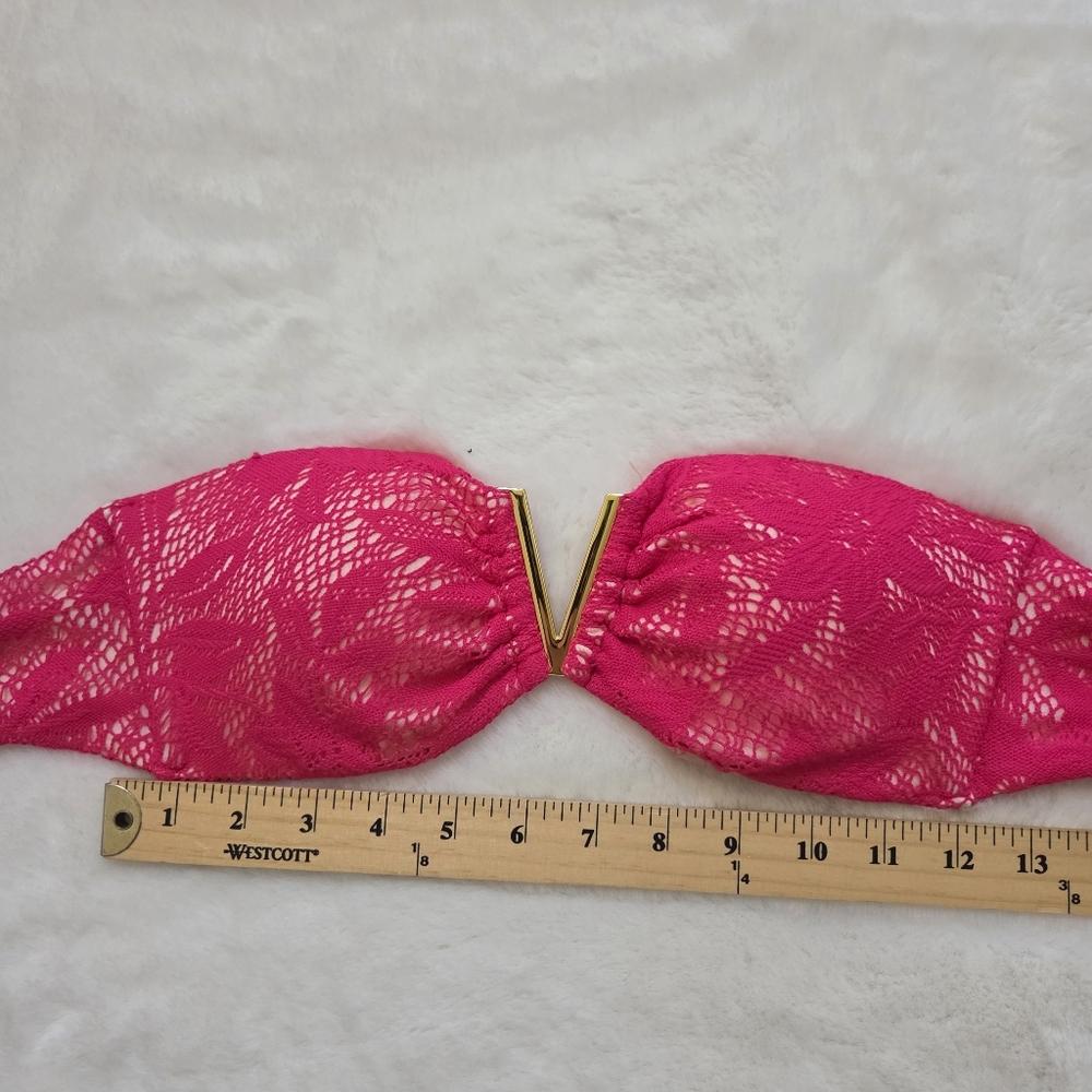 Victoria's Secret Pink Lace Bandeau bikini Top gold Tone V Front Size M - Picture 3 of 8
